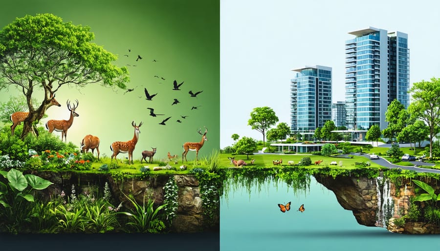 Conceptual image showing the harmonious relationship between conserved wildlife areas and modern real estate developments, symbolizing the beneficial integration of conservation insurance.