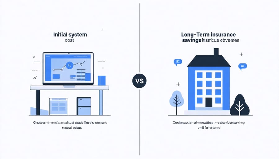 Visual comparison of security system investment costs and cumulative insurance savings over time
