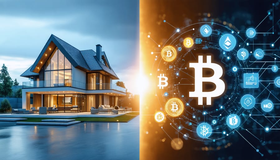 A split-screen illustration showing a modern house on one side and cryptocurrency symbols on the other, linked by digital lines to represent the convergence of cryptocurrency and real estate markets.