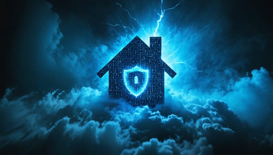 Illustration of a house icon encircled by digital shadows and binary codes, with a bright security shield representing protection against cyber threats in the real estate sector.