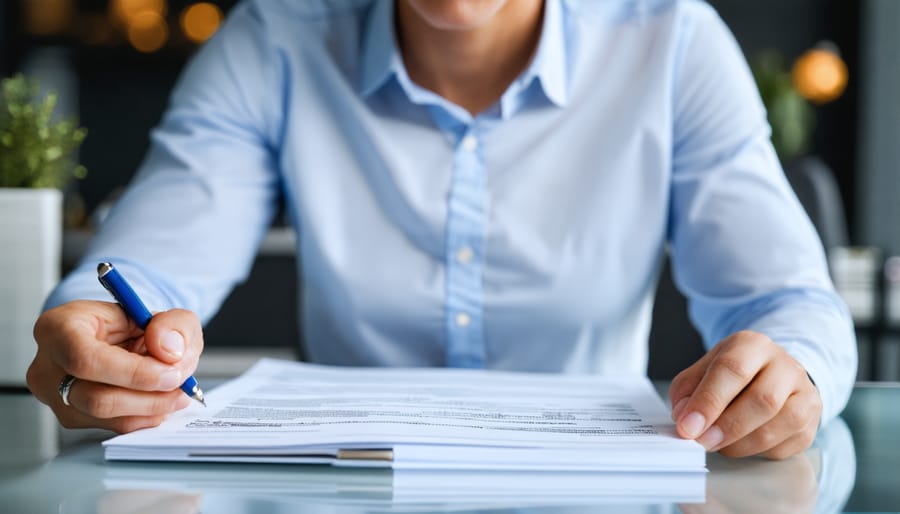 Business professional reviewing real estate contracts with digital wallet on smartphone