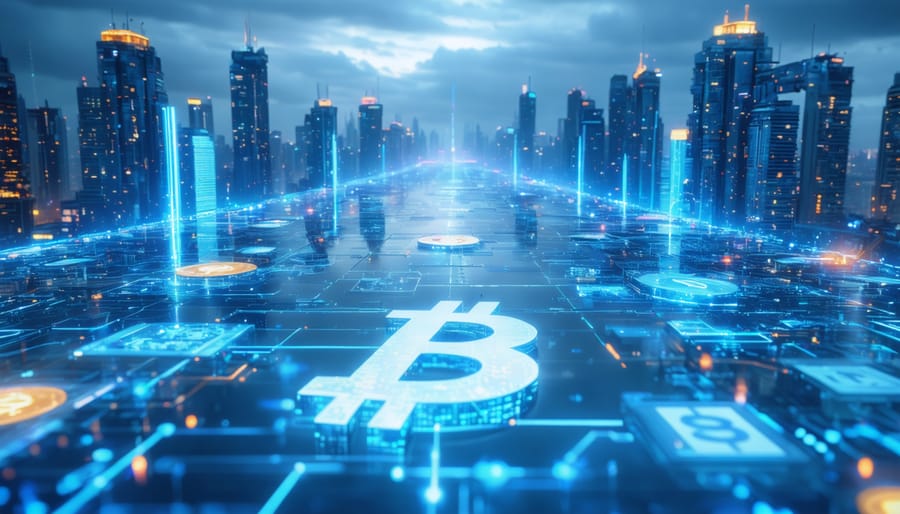 "Futuristic digital landscape with virtual buildings and cryptocurrency symbols under a bright sky, representing digital real estate."