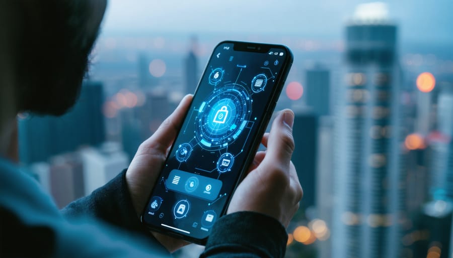 A hand holding a smartphone displaying a digital wallet interface, with security icons prominently shown against a blurred urban backdrop.