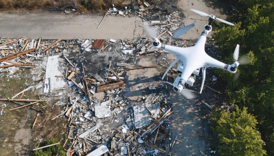 Drone performing automated property inspection with AI analysis overlay