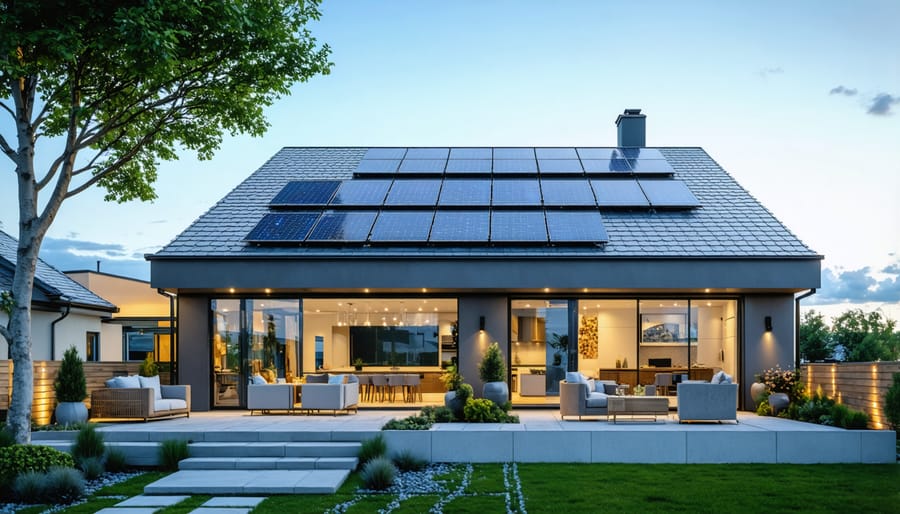 Modern suburban house with rooftop solar panels and energy-efficient windows