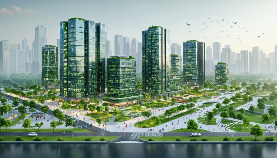 A futuristic cityscape in an emerging market showcasing modern green buildings with solar panels, sustainable design features, and green spaces, symbolizing the integration of ESG principles in creating resilient urban environments.