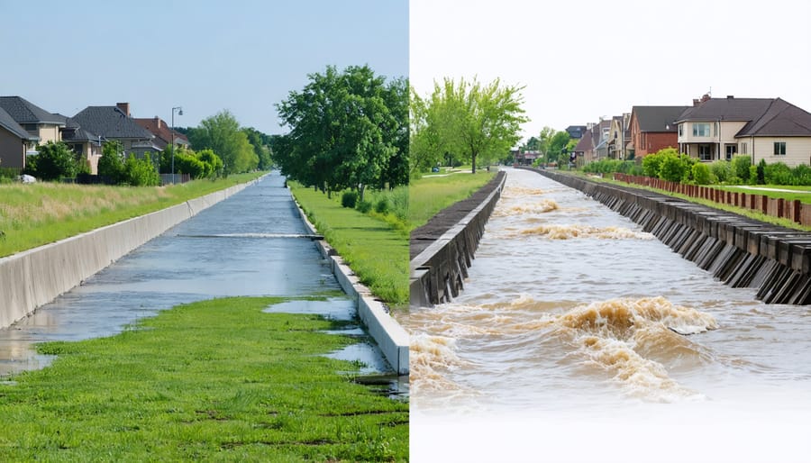 A split-screen image contrasting modern flood barriers in an affluent neighborhood with limited flood defenses in a lower-income area, illustrating economic disparities in flood protection.