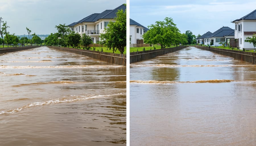 Contrasting images of modern flood barriers in an affluent area versus minimal protection in a lower-income neighborhood