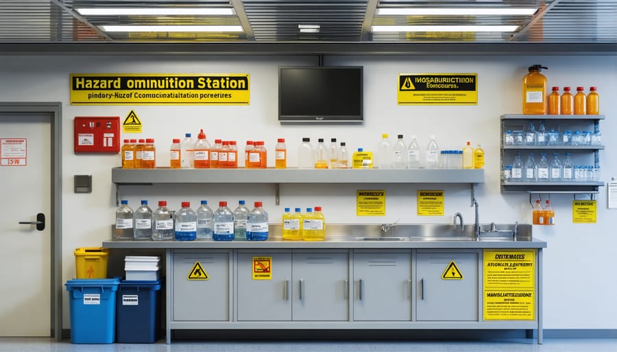 OSHA-compliant hazard communication station with safety documentation and chemical storage