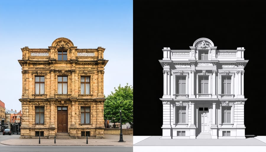 Split image showing deteriorated historic building facade on left and its restored condition on right
