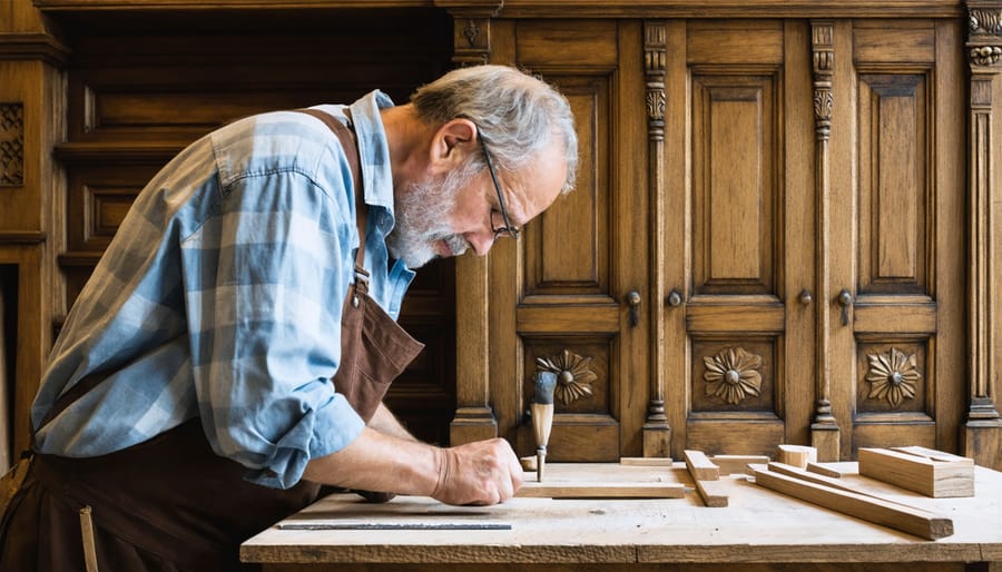 Professional restoration specialist carefully repairing ornate wooden trim in a historic building