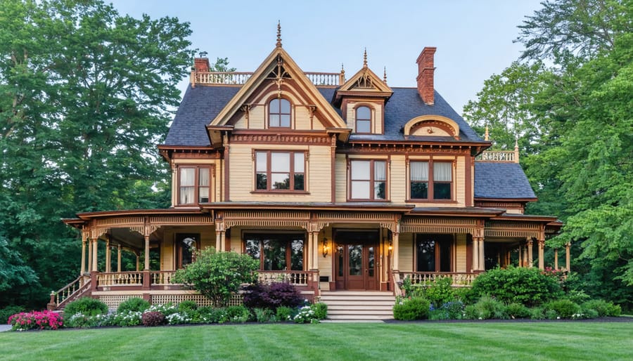 Historic Victorian-era house with ornate trim, wraparound porch, and period-appropriate paint colors