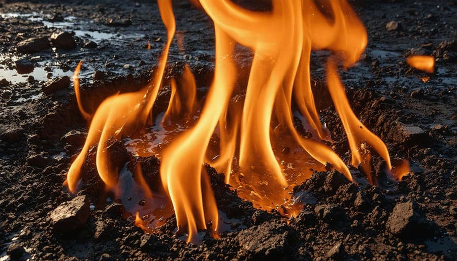 Water droplets beading on burned hydrophobic soil surface showing water repellency