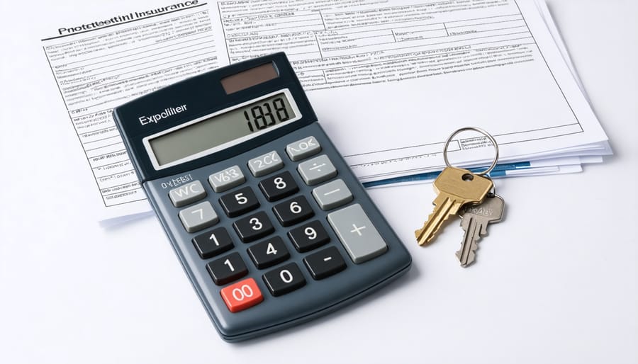 Financial planning setup with calculator, house keys, and insurance documents representing cost planning for homeownership
