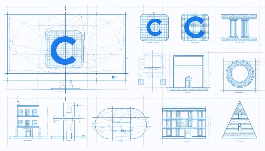 Conceptual illustration showing intellectual property symbols and architectural designs