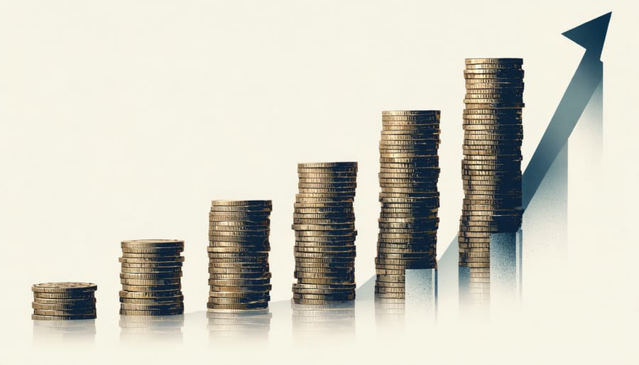 Ascending stacks of gold coins on wooden surface