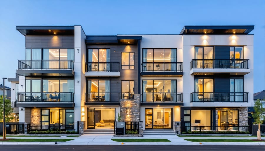 Exterior view of modern luxury apartment building at sunset