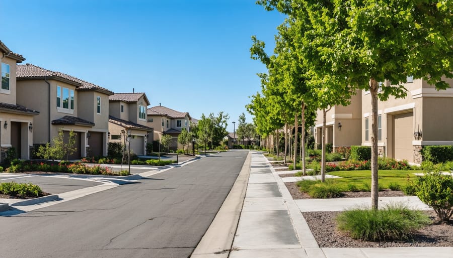 Aerial view of pristine residential community with maintained landscaping