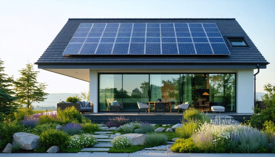 "Energy-efficient home with solar panels and landscaped garden, embodying sustainable living."