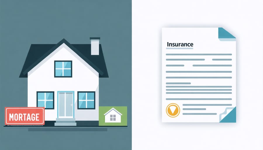 House with mortgage and insurance documents showing the connection between property ownership and insurance requirements