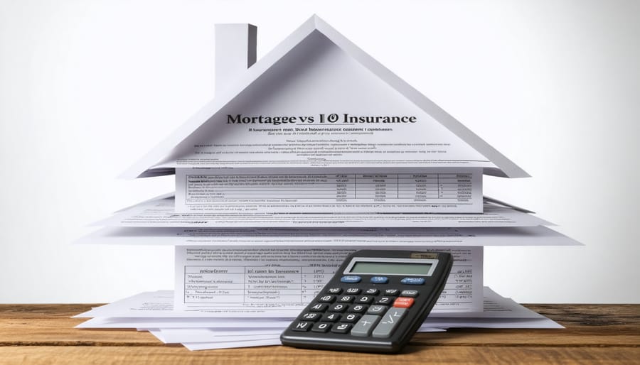 An illustration showing a house with overlays of mortgage documents and insurance policies, highlighting the essential relationship between home financing and insurance requirements.