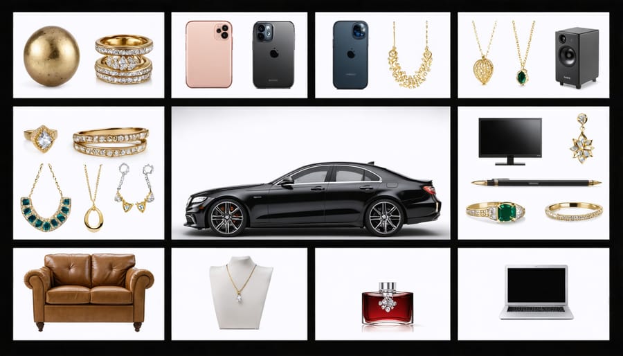 Collection of personal property examples including luxury car, diamond ring, modern furniture, and smartphone