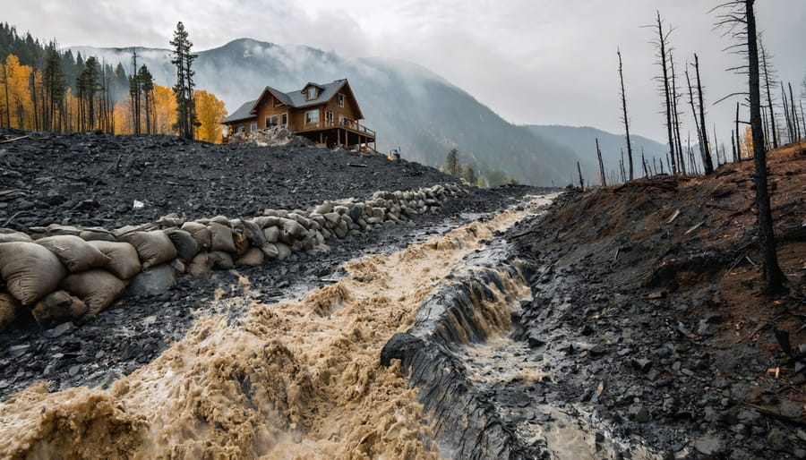 Mud, ash, and rocks rush down a charred hillside toward a house with sandbags during a rainstorm, with burned trees and dark storm clouds in the background.