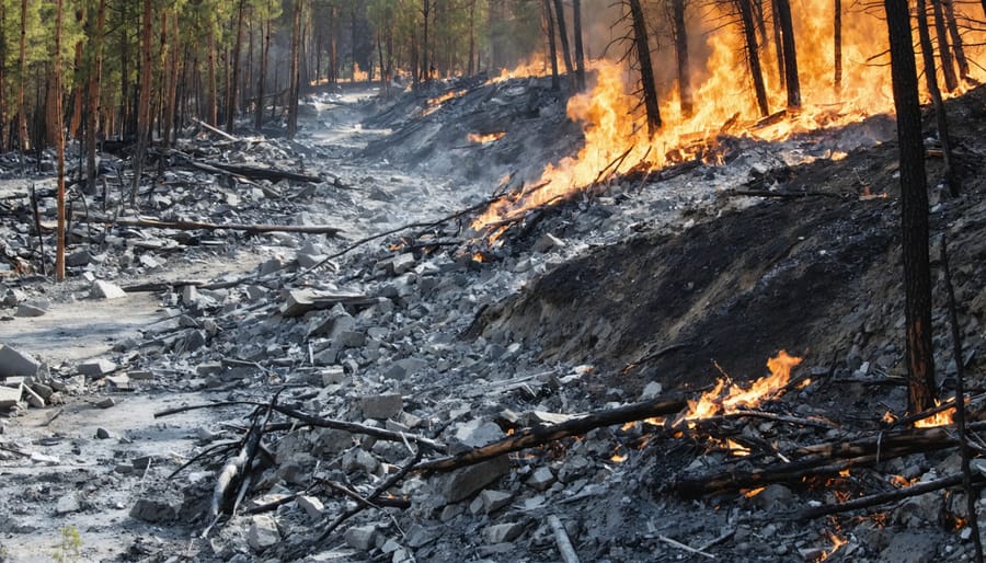 Burned hillside showing debris flow path through charred landscape toward residential area