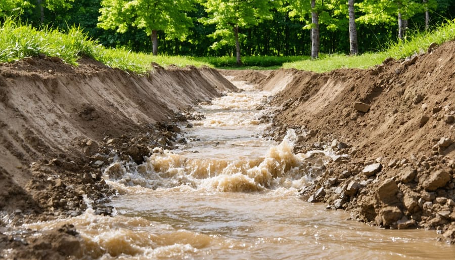 Residential property with drainage channels and protective berm for debris flow mitigation