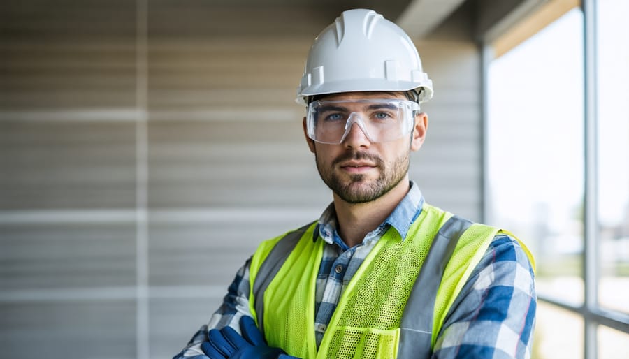 Maintenance worker demonstrating proper use of personal protective equipment on property site