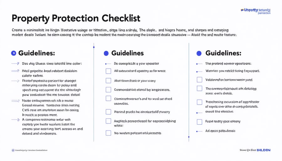 Visual checklist of essential property protection measures including documentation, monitoring, and insurance