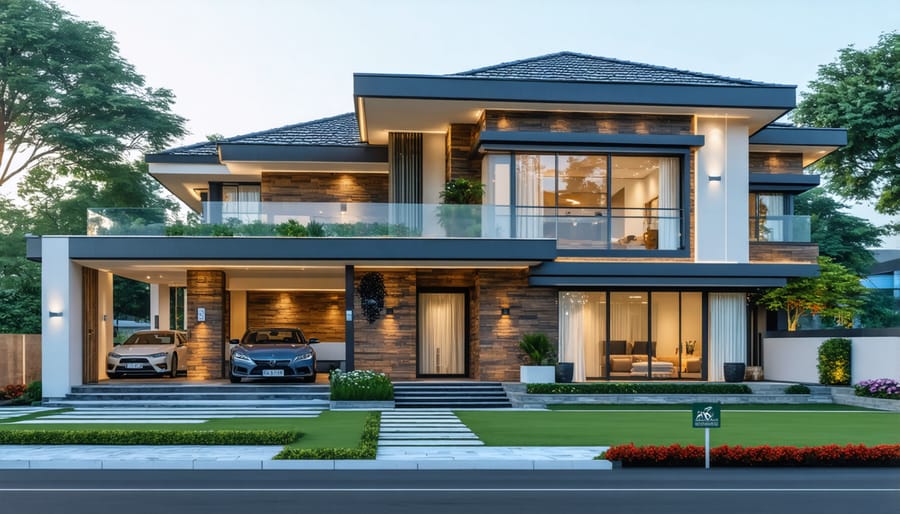 Contemporary house with landscaped yard showcasing real property elements