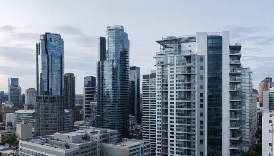 "Modern commercial real estate buildings under soft natural daylight in an urban setting, symbolizing real estate investment potential."