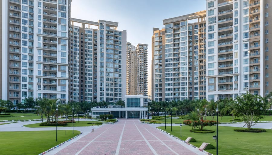 Exterior view of modern luxury apartment complex with landscaping and pool