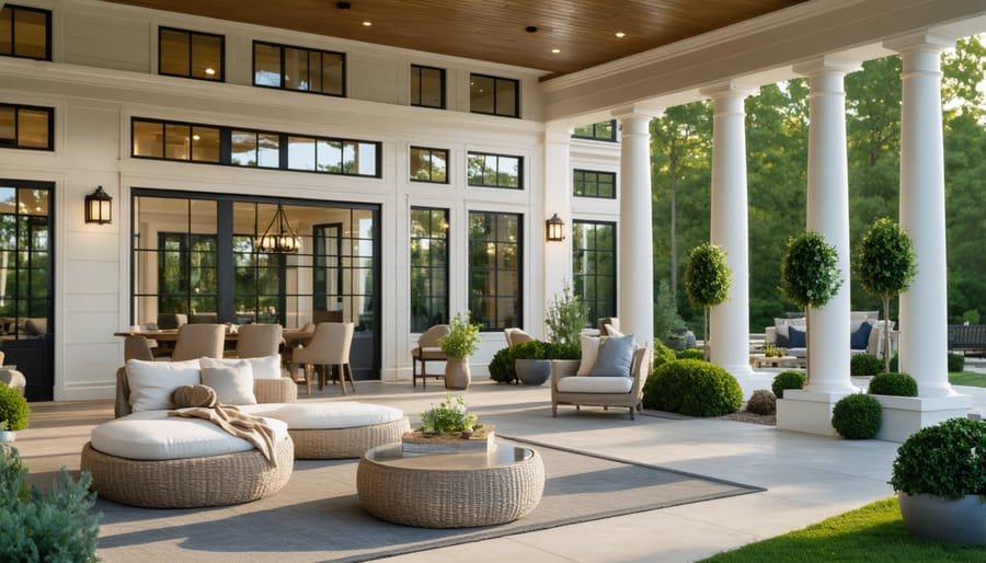 Exterior view of upscale retirement community with landscaped grounds
