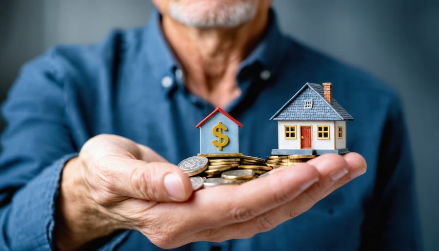 "A mature person holding a coin with a retirement symbol, a model house, and a dollar sign, symbolizing retirement investment choices."