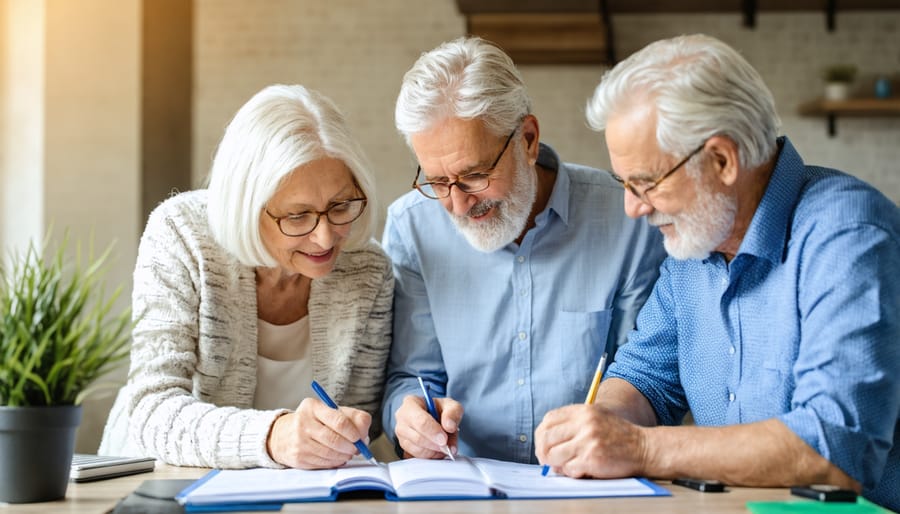 Senior couple reviewing retirement planning documents at home