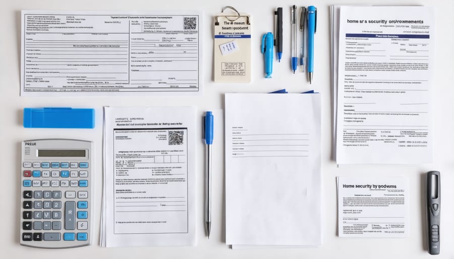 Neatly arranged tax forms, receipts, and documentation for security upgrades