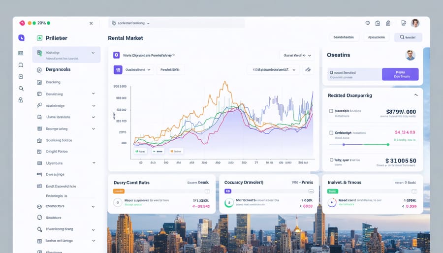 Conceptual image of a short-term rental market dashboard highlighting occupancy rates and pricing trends with a city skyline in the background.