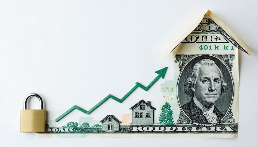 Conceptual illustration depicting the transition from a traditional 401(k) to a Roth IRA, with financial and real estate elements to show the tax-saving benefits for retirement planning.