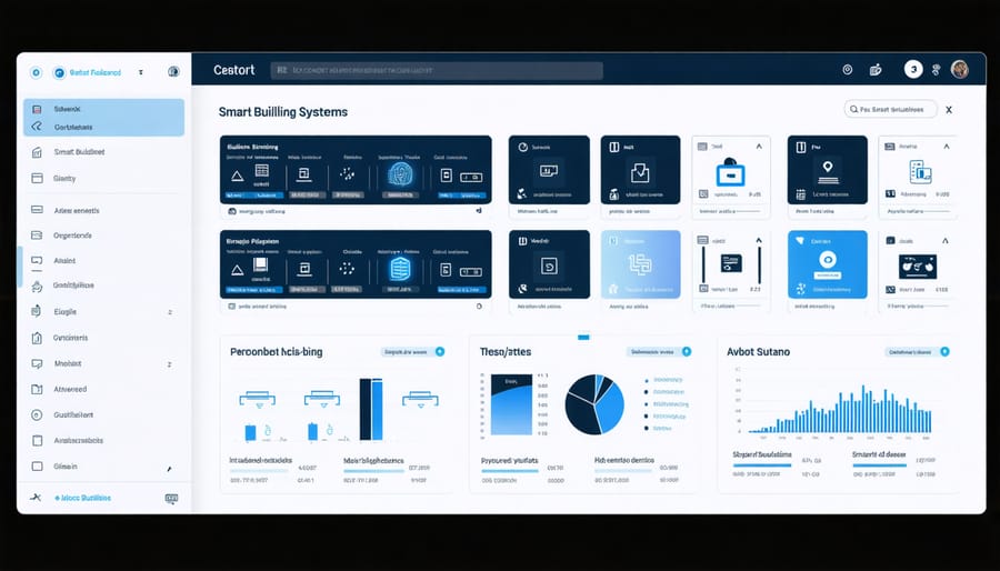Smart building management dashboard displaying real-time data from various IoT sensors and controls