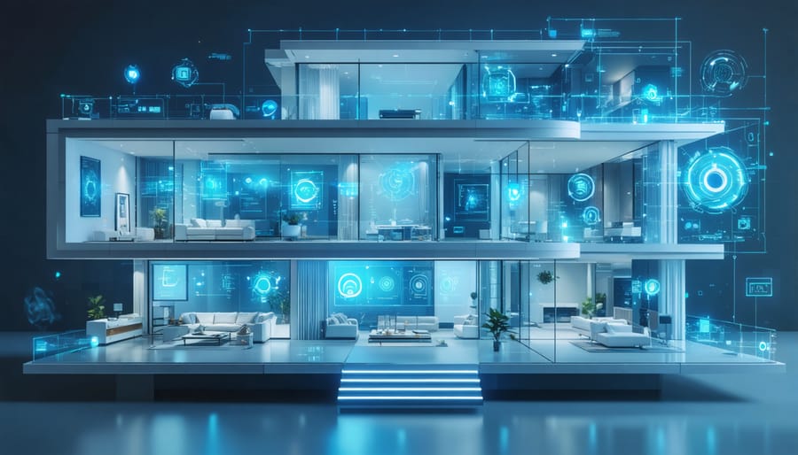 Conceptual depiction of a biometric security system integrated into a smart home, showcasing fingerprint scanners, facial recognition, and smart home connectivity.