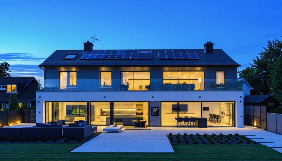 "Exterior of a modern smart home at dusk with illuminated windows and visible solar panels on the roof."