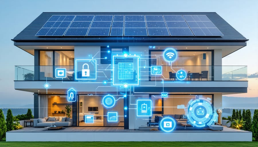 A digitally enhanced image of a modern house showcasing smart security features like surveillance cameras and solar panels, symbolizing tax-beneficial home improvements.