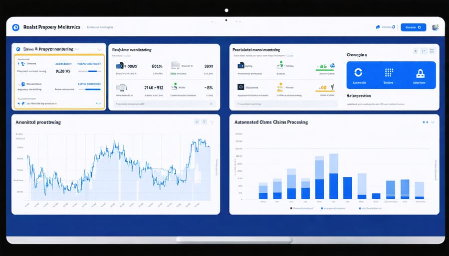Digital interface displaying property risk metrics and insurance claims automation system