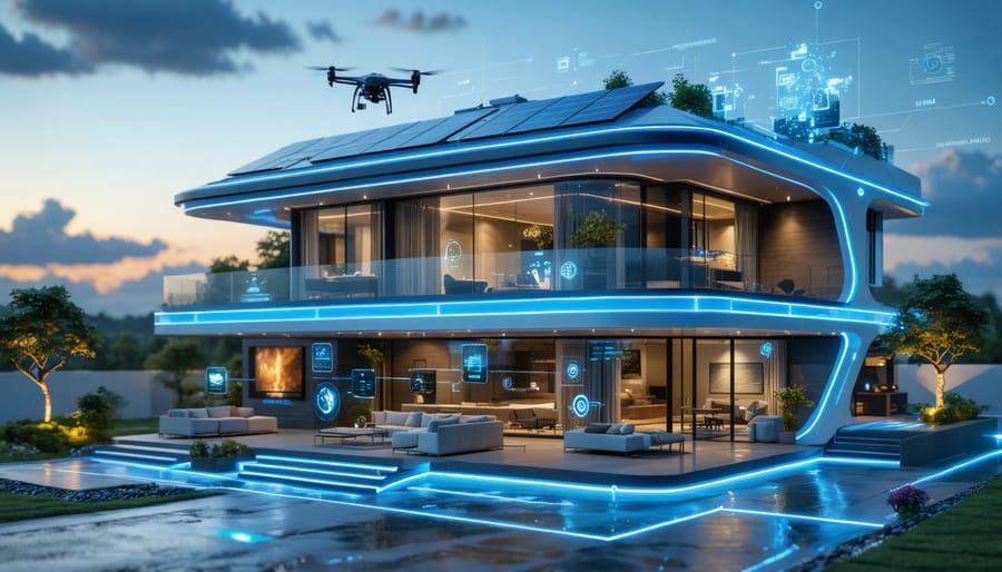 A modern house protected by a combination of smart technology, solar panels, and advanced surveillance systems, illustrating the concept of smart property insurance and risk reduction.