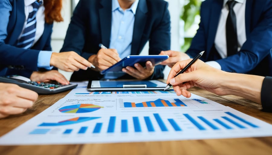 A diverse group of real estate professionals and accountants in a meeting, discussing property tax strategies with digital tools and diagrams, highlighting smart real estate tax moves.
