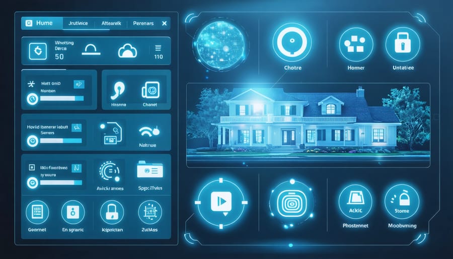 Digital dashboard of a smart home security system with camera feeds and sensor status