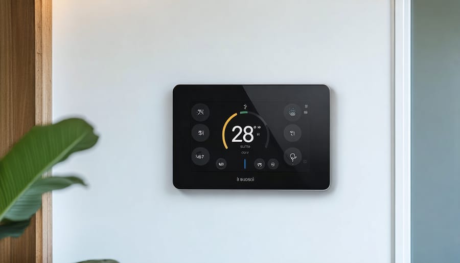 Hands installing modern smart thermostat on home wall