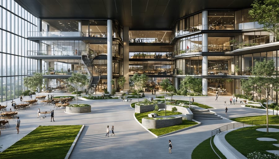 Aerial view of sustainable mixed-use development with community facilities and green spaces